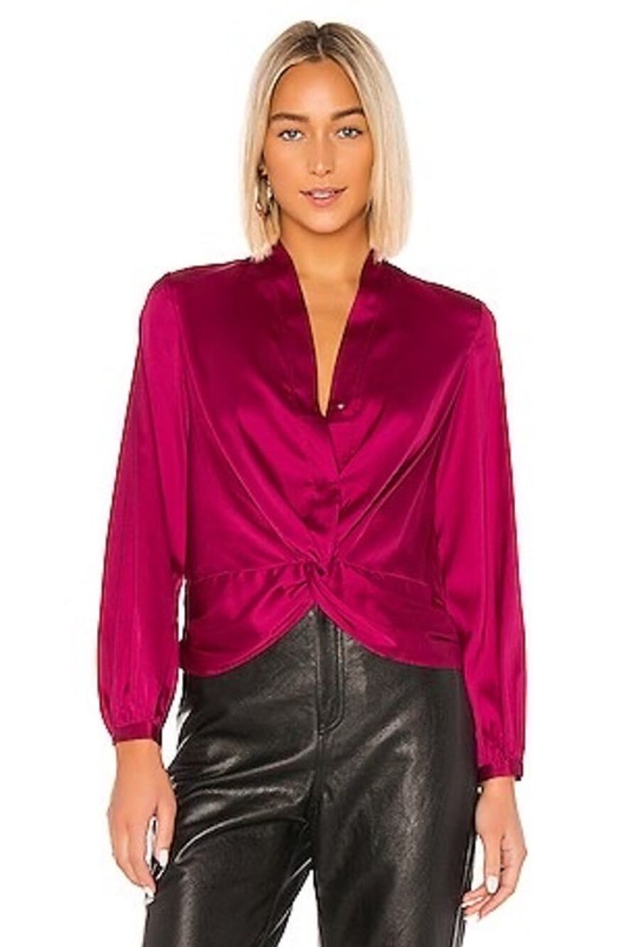 Heartloom Orchid Pink Satin Long Sleeve Plunge V-Neck Twist Front Blouse Small